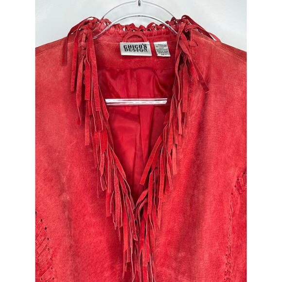 Y2K Western Boho Chico’s Design Red Suede Fringe Leather Jacket Size 2 (M/L) - Picture 3 of 16